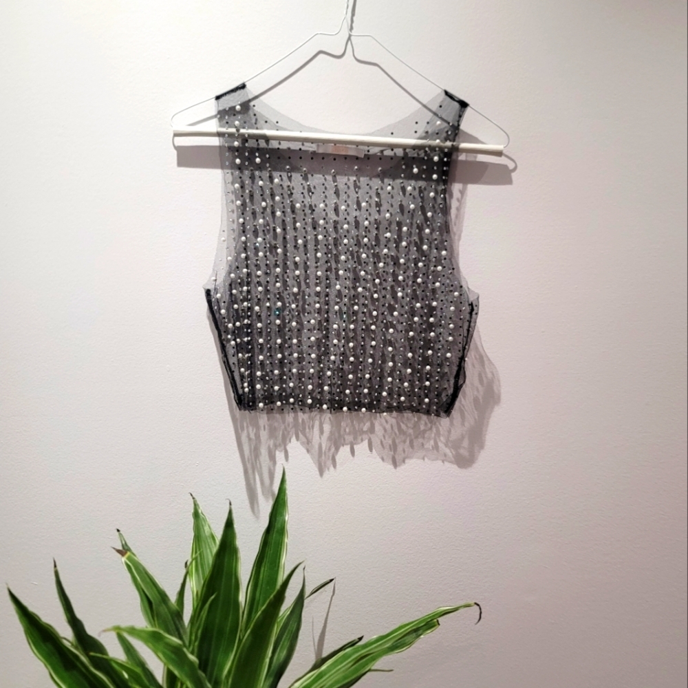 SHASA Women Pearl Beaded Sheer Mesh Crop Top